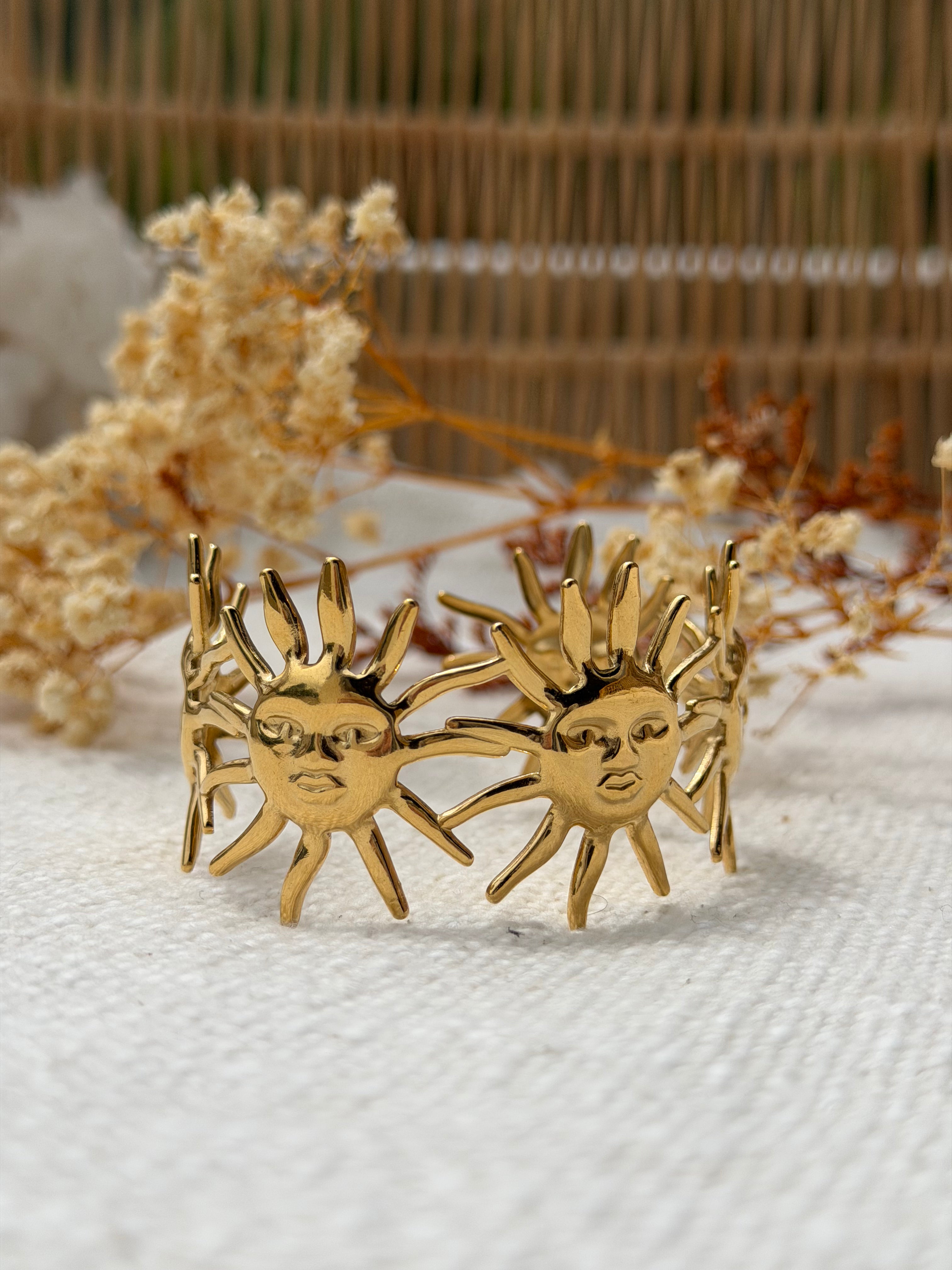 manchette dorées en forme de soleil au style bohème chic, bijoux femme élégants en acier inoxydable