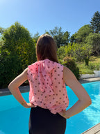 blouse rose à pois chocolat sans manche style chic et élégant pour femme 
