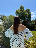 top à pois blanc col bardot pour femme
