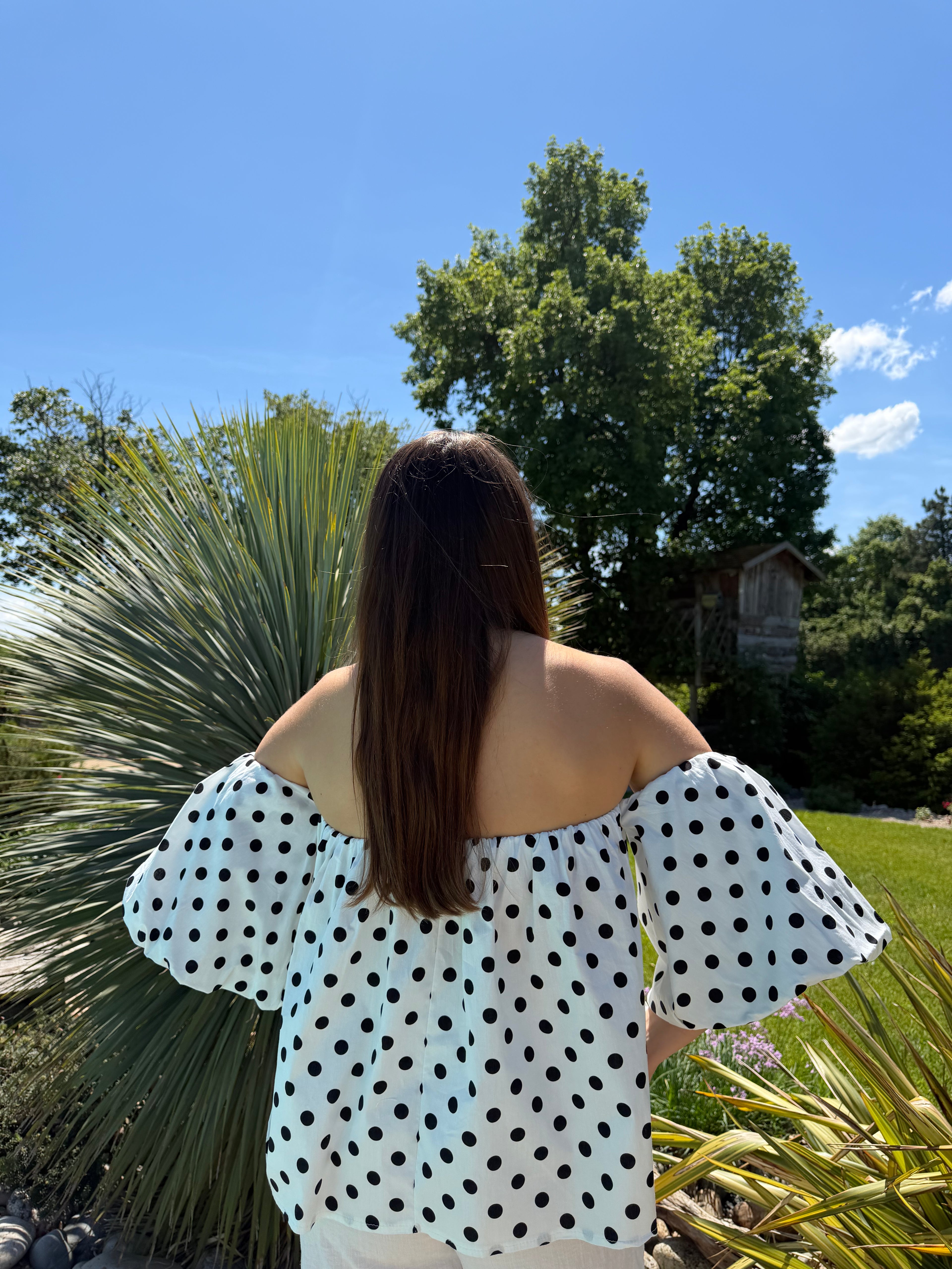 top à pois blanc col bardot pour femme
