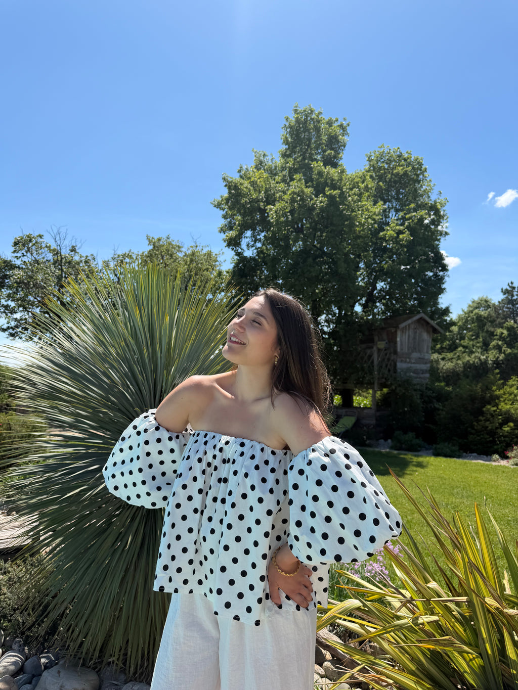 top à pois blanc col bardot pour femme