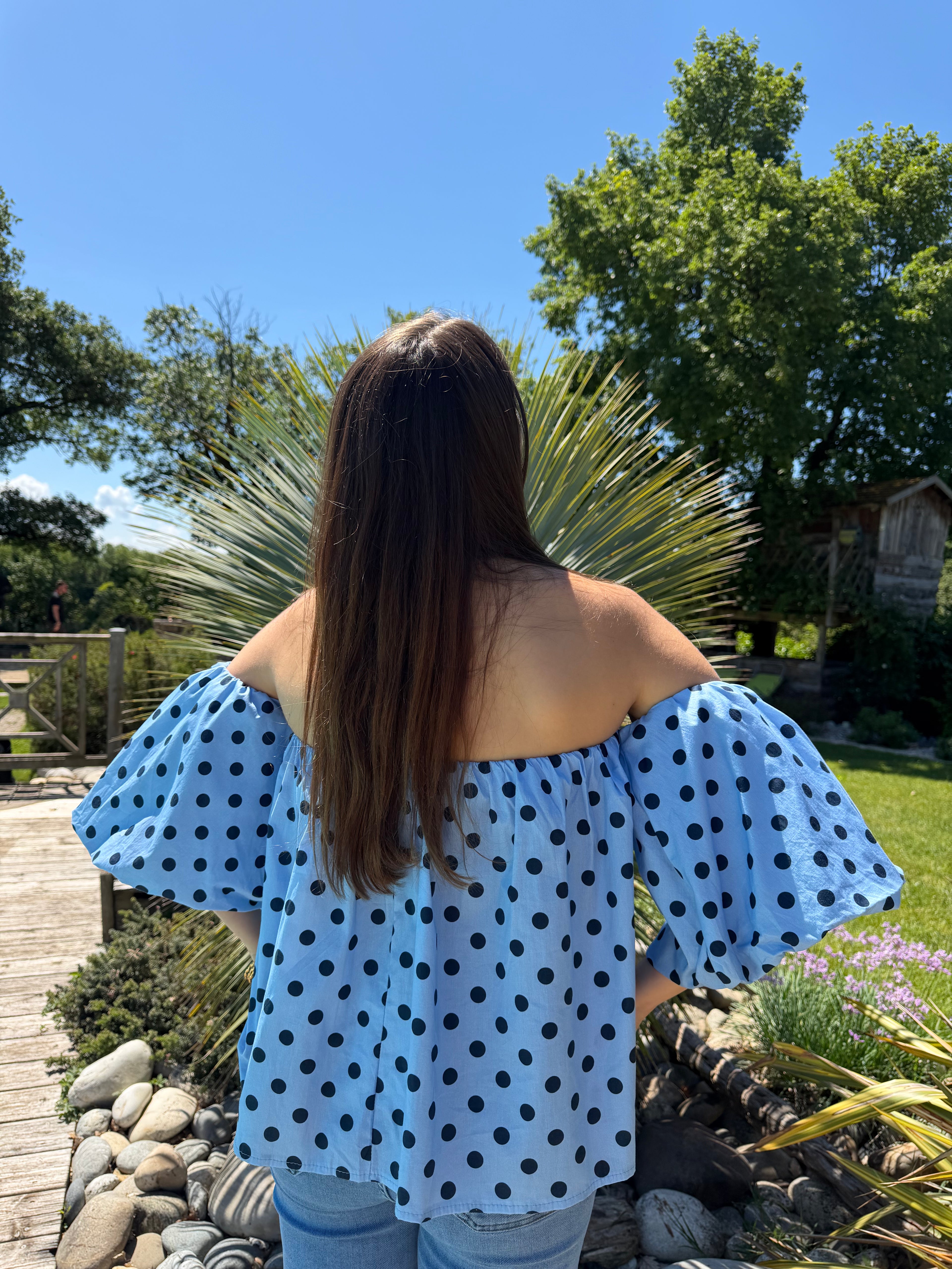 top à pois bleu col bardot pour femme
