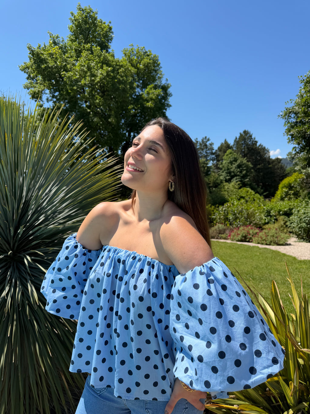 top à pois bleu col bardot pour femme