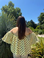 top à pois jaune col bardot pour femme